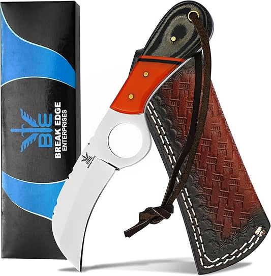 Handmade Stainless Steel Lineman’s Hawkbill knife with Leather sheath, Heavy Duty Utility Knife blade Electrician Wire Skinning knife for professional.