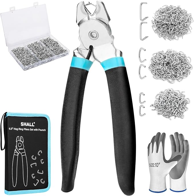 SHALL Bent Hog Ring Pliers Kit with 600pcs Galvanized Hog Rings (3/8?쇺? 1/2?쇺? 3/4?쇺? for Upholstery, Fence, Animal Pet Cages, Bungee Cords, Bagging, Protective Gloves, Storage Case & Bag Included