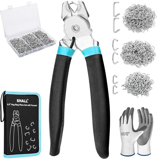 SHALL Bent Hog Ring Pliers Kit with 600pcs Galvanized Hog Rings (3/8?쇺? 1/2?쇺? 3/4?쇺? for Upholstery, Fence, Animal Pet Cages, Bungee Cords, Bagging, Protective Gloves, Storage Case & Bag Included