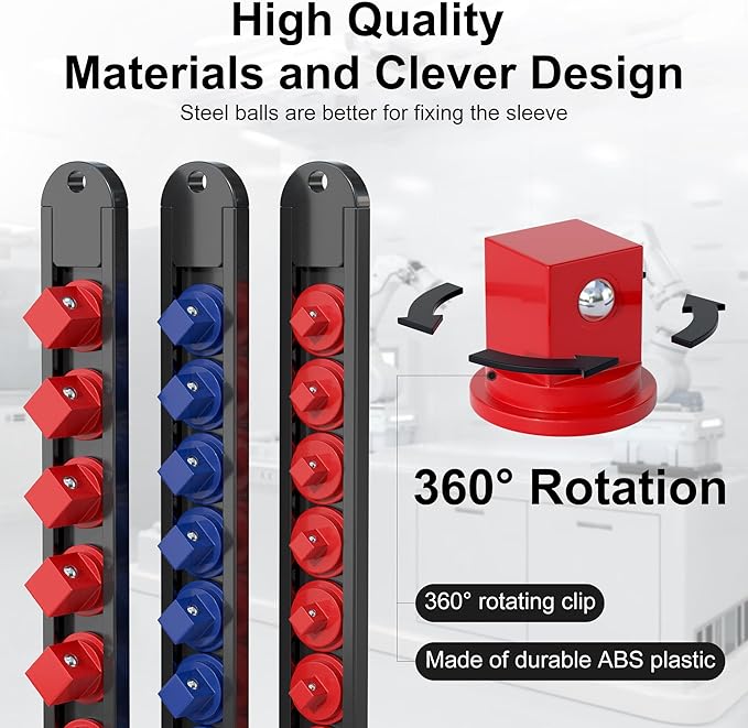 FIVEPEARS 6PCS 360째 Socket Organizer Twist Lock,3/8 1/4 1/2 Socket Storage Rails, Premium Quality Socket Holders for Tool Box 竊똖ool Carts竊똂ontains up to 80 Clips (Blue & Red)