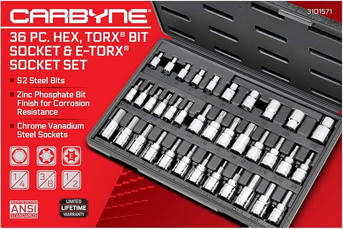 CARBYNE 36-Piece Hex (Allen), Torx Bit Socket & E-Torx Set | Includes Metric 2mm ??10mm, SAE 1/8 in. ??3/8 in., T10 ??T55, E4 ??E18, S2 Steel Bits, Cr-V Sockets, Durable Case