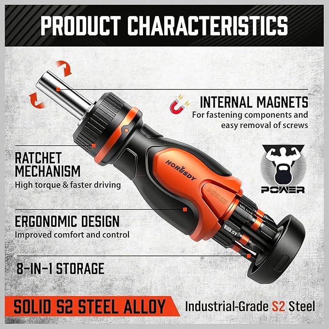 HORUSDY Magnetic Portable Screwdriver Bit Set: 8-in-1 Ratcheting Screw Driver Includes 1/4?쒫it Driver Holder, 7 Screwdriver Bits with Phillips, Slotted, Square, Hex, for Garage & Daily Repair