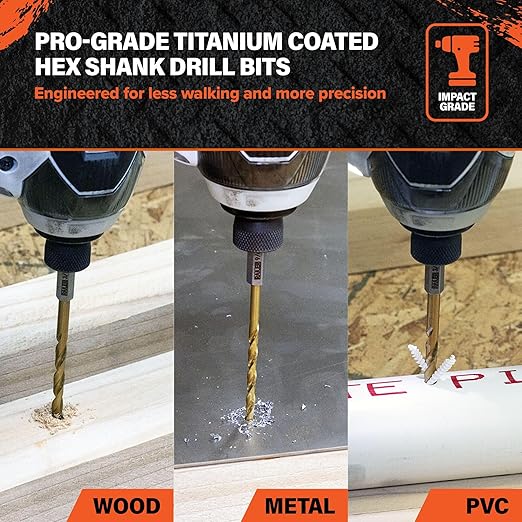 Allen Wrench Drill Bit Set - Railer High Speed Titanium 10pc Hex Shank Drill Bit Set for Impact Driver w/Bit Holder. Multi-Purpose Drill Bits for Metal, Wood, PVC. brocas para Madera