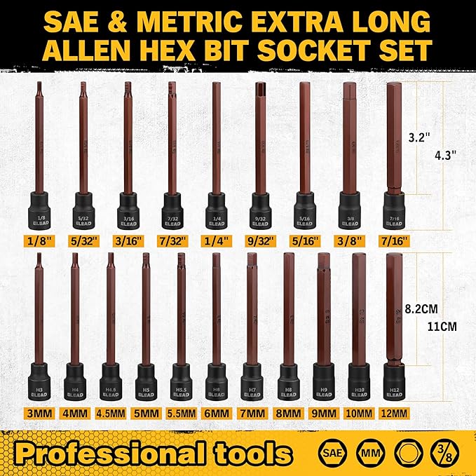 ELEAD 20-Piece 3/8 Inch Drive Extra-Long Allen Hex Bit Socket Set: S2 Steel, Standard SAE & Metric (1/8-Inch - 7/16-Inch, 3-12mm) for Impact Drills and Ratchet Wrenches