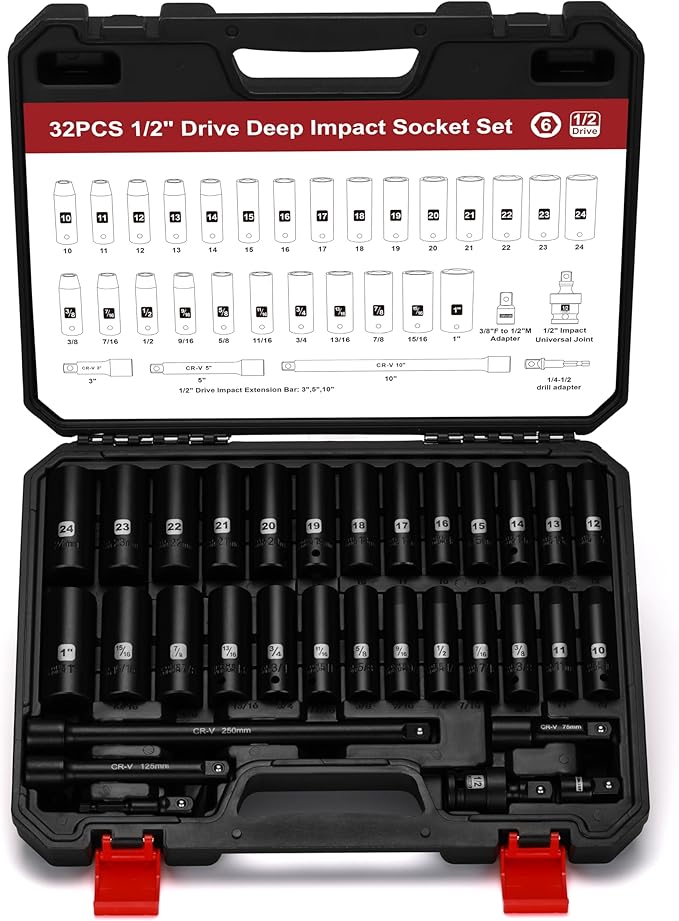 Mayouko 1/2" Drive Impact Deep Socket Set, SAE (3/8 to 1 inch) and Metric (10-24mm) Sizes with 3", 5", 10" Extension Bars, CR-V Steel, Complete Impact Wrench Socket