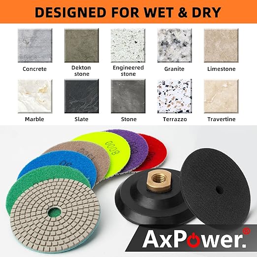 13 Packs 4 Inch Diamond Polishing Pads with 5/8?쇺?11 Backer Pad 12PCS Wet/Dry Polish Pad Kit for Drill Grinder Polisher 50-8000 Grit Pads for Granite Marble Concrete Stone Countertop Quartz Polishing