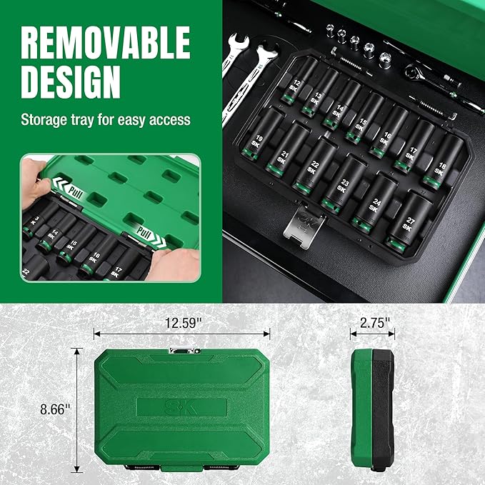SK 1/2" Drive Impact Socket Set, Deep Metric Sockets, 13-Piece 12-27mm, Premium CR-MO Steel, SureGrip 6 Point Design, With Storage Case