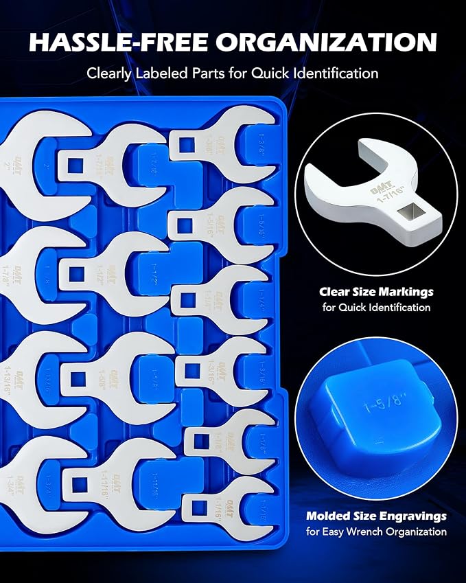 Orion Motor Tech 14 Piece Jumbo Crowfoot Wrench Set, SAE Crows Foot Wrench Set for 1-1/16" to 2" Flare Nuts for 1/2" Drive Rachets Extenders, Cr-V Steel Crowfoot Wrenches with Phosphating & Carry Case