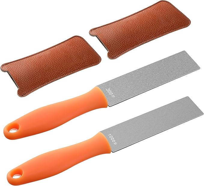 Feekoon 2 Pcs Dual Grit Diamond Sharpening Stone File Coarse 300# /Extra Fine 1000# Grit with Leather Sleeve Garden Tool Blade Sharpener for Knife, Axe, Lawn Mower Blade, Shears, Chisel Spade (Orange)