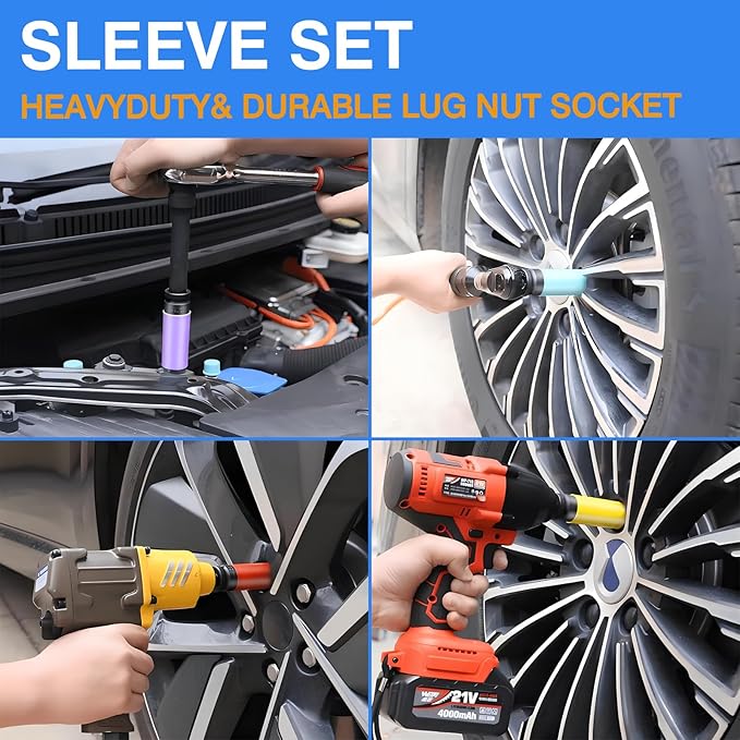 5PCS 1/2" Drive Wheel Protector Impact Socket, Non-Marring Lug Nut Deep Socket Set, CR-MO, 6 Point, Color-Coded Protective Socket | Metric 15 17 19 21 22 mm