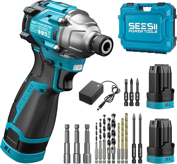 SEESII 16.8V Impact Driver Kit, 1/4" Hex Cordless Impact Driver Set & 2횞2.0Ah Batteries, 150N.m Max Torque(1327 In-lbs) Brushless Power Impact Driver w/ 16Pcs Drill Bits, 0-3300RPM Variable Speed
