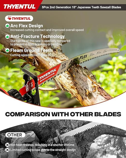 5 Pack 15inch 6TPI Wood Pruning Reciprocating Saw Blades,15 Inch Japanese Teeth Pruning Blades for Reciprocating Saw,Durable Cr-v Steel Arc Curved Sawzall Blades for Fast Tree Trimming & Wood Cutting