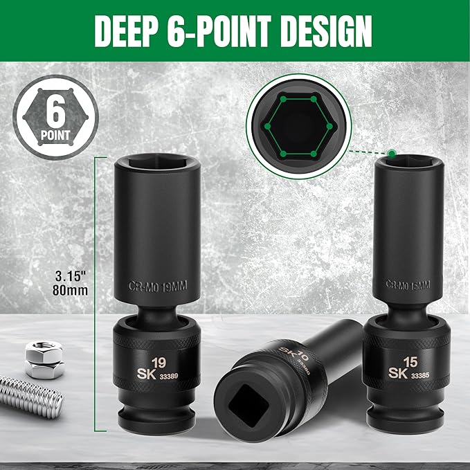 SK 3/8" Drive Universal Impact Socket Set, Deep Swivel Impact sockets, Metric, 10-Piece, 10-19 mm, Premium CR-MO Steel, SureGrip 6 Point Design, With Storage Rail