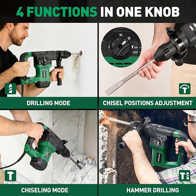 1-1/4 Inch Rotary Hammer Drill with SDS-PLUS Bits: 13Amp 7.0J Rotomartillo, SDS Hammer Drill for Concrete Demolition Chipping, 4 Functions, 6 Speed, 3 Drill Bits & 2 Chisels