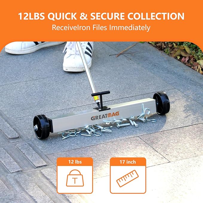 Rolling Magnetic Sweeper Magnetic Pickup Tool Magnetic Sweeper with Wheels Nail Magnet Sweeper 17 inch Heavy-duty Magnetic Lawn Yard Sweeper, Capacity with Quick & Release