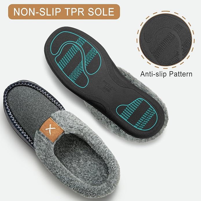 Homitem Mens Slippers Moccasins Memory Foam Fuzzy Slippers for Men Wool-Like Plush Fleece Lined House Shoes Indoor Outdoor Anti-Skid Rubber Sole Home Bedroom