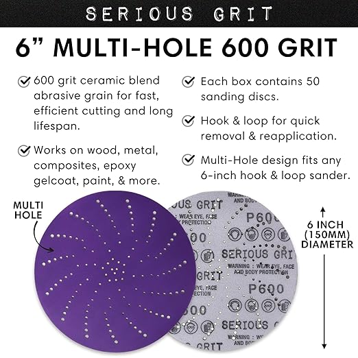 Serious Grit 6-Inch 600 Grit Ceramic Multi-Hole Hook & Loop Sanding Discs - Advanced Grain for Fast Cutting & Long Life - Film-Backed Universal Fit Sandpaper for 6-in Sanders - 50 Pack Box