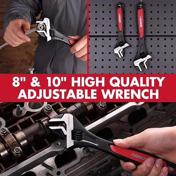 ARROW 2 PCS Adjustable Wrench Set, 8-Inch & 10-Inch Wrenches, Cr-V Steel, Wide Jaw Black Oxide Wrench with Inch/Metric Laser Scales, Non-Slip Grip & Hanging Hole, for Home, Garage, Workshop and DIY
