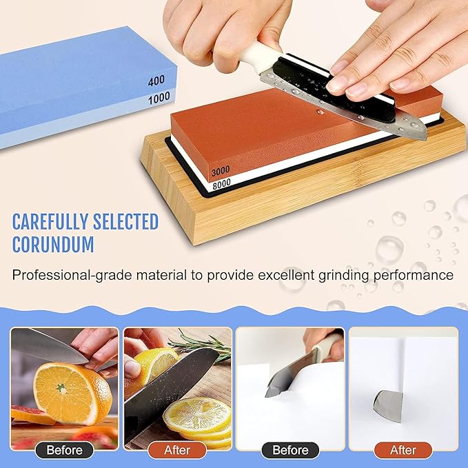 Knife Sharpening Stone Kit, 12pcs Dual Grit Whetstone 400/1000&3000/8000 White Corundum, Whetstone kit with Non-slip Bases, Flattening Stone, Angle Guide, Honing guide…