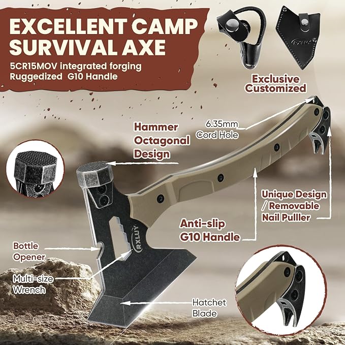 Tactical Axe with G10 Handle Camping Survival Hatchet, Multifunctional Hiking Outdoor Heavy Duty Full Tang Tomahawk Tools with Hammer, Unique Design Crowbar, Leather Sheath (Gray)