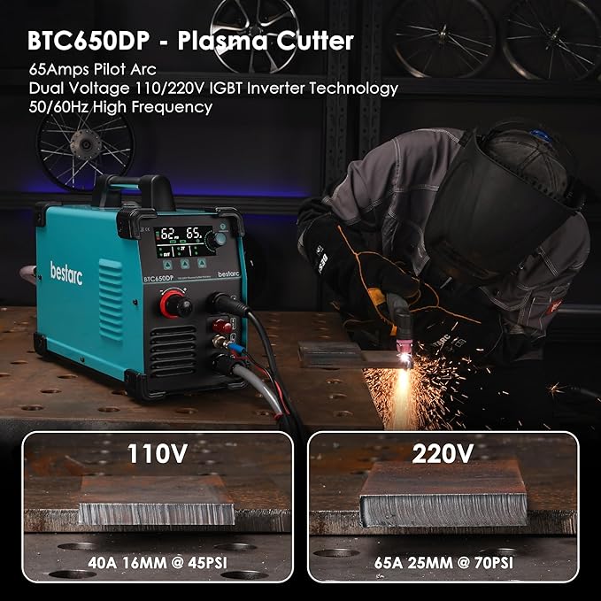 bestarc Plasma Cutter, [Pilot Arc] [Large LED Display] [Air Sensor] 65A bestarc Plasma Cutter Machine 110/220V Dual Voltage, 5/8 Inch Clean Cut 1 Inch Max Cut, Post Flow 2T/4T for Beginners DIY
