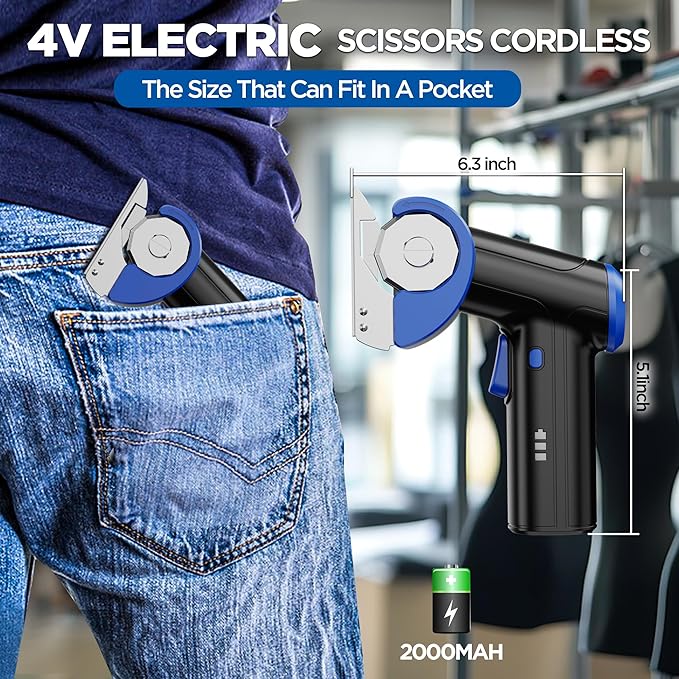 4V Cordless Electric Scissors, Rechargeable Cardboard Cutter with 2000mAh Battery, Safety Lock & 2 Blades ??Gift for DIY Crafts, Fabric, Leather Projects (Blue)