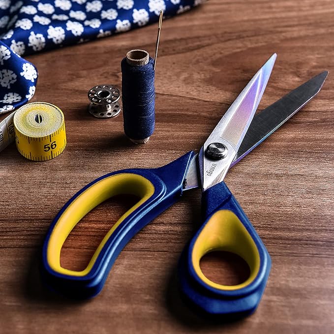 LIVINGO 8.5??Premium Fabric Scissors, Heavy Duty All-Purpose Titanium Coating Forged Stainless Steel Sharp Sewing Tailor Dressmaking Shears Comfort Grip Crafting Leather Cutting, Navy Blue/Yellow
