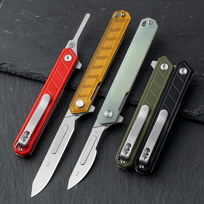 G046 Mecha Mini Slim Folding Scalpel with 5pcs #24 and 5pcs #60 G13 Handle with Liner Lock, Utility EDC Pocket Knife with Back Clip（Jade Color）