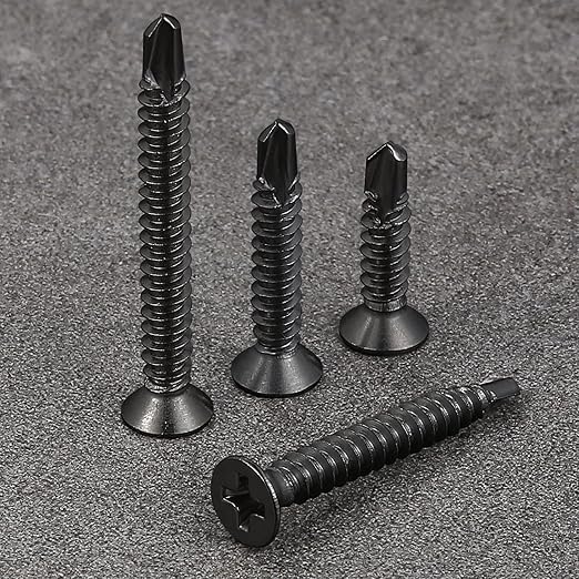 Wensilon竊?00pcs竊?8횞1/2?쓋or Sheet Metal Self-Tapping Screws 410 Black Stainless Steel Flat Head High-Strength Quick self-Drilling Screws