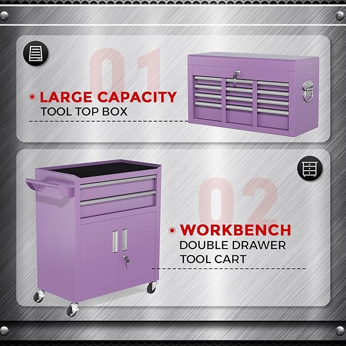 INTERGREAT 8 Drawers Tool Chest, 42'' Large Rolling Tool Chest with Drawers, Detachable Top Tool Box, Tool Cabinet for Repair Room,Warehouse, Rolling Tool Box with Hooks,Tray Divider,Liners(Purple)