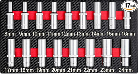 17-Piece 1/2" Drive Deep Socket Set & Tool Set - Metric (8mm-24mm) CR-V Steel with EVA Tray for Automotive | Bike | Motorcycle | Furniture | Home DIY