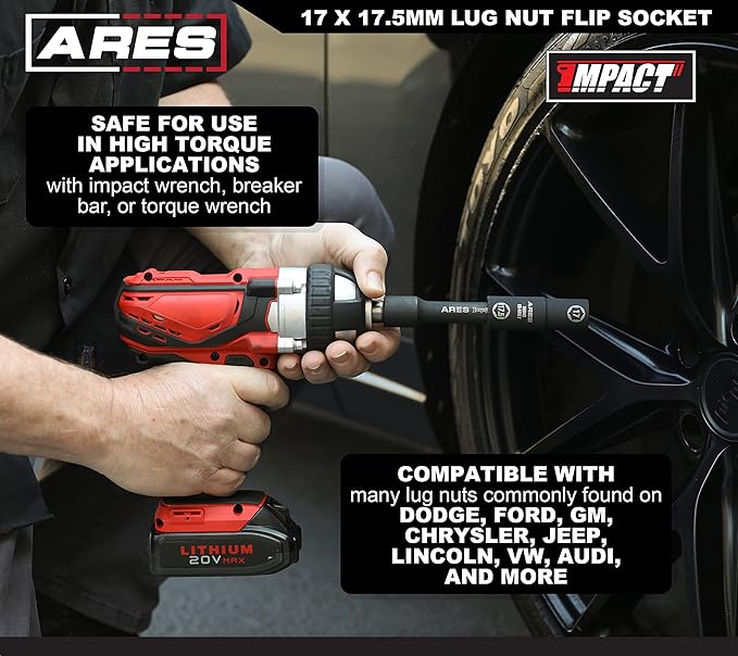 ARES 59048-1/2-inch Drive 17 x 17.5mm Half Size Lug Nut Flip Socket - Impact Grade Chrome-Moly Steel ??Remove Warped, Damaged, and Bloated Chrome Capped Lug Nuts