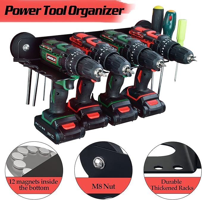 ULIBERMAGNET Power Tool Organizer, Utility Storage Rack Shelf with Screwdriver Holder,Wall Mount Heavy Duty Cordless Drill Holder,Removable Tool Rack Suitable for Garage, Workshop and Warehouse