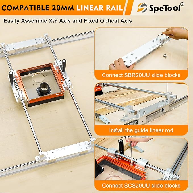 SpeTool Linear Rail Router Sled Slide Connector with Dust Collection, Fit for 20mm Linear Rails and SBR20UU & SCS20UU slide block, with Acrylic Router Plate Compatitable with Multiple Routers