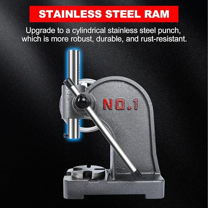 hightall 1 Ton Arbor Press,Handwheel & Long Lever Operation | Cast-Iron Frame, Stainless Steel Ram | 3 Drifts (Flat/Pointed/Round), 5.5" Max Height, Table-Mountable for Metal Stamping, Leathercraft