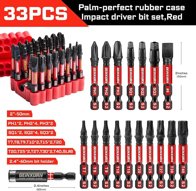 Impact Screwdriver Bits Set, 33 Pieces 2?쒶ulti Head Magnetic S2 Steel Driver Bits PH/SQ/Torx/Slotted With Red Soft Base