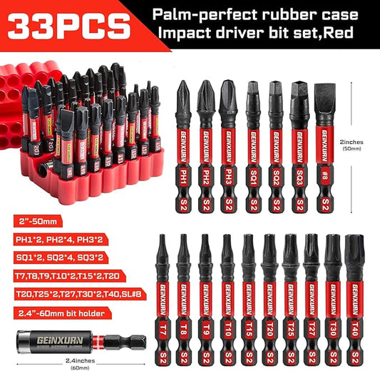 Impact Screwdriver Bits Set, 33 Pieces 2?쒶ulti Head Magnetic S2 Steel Driver Bits PH/SQ/Torx/Slotted With Red Soft Base