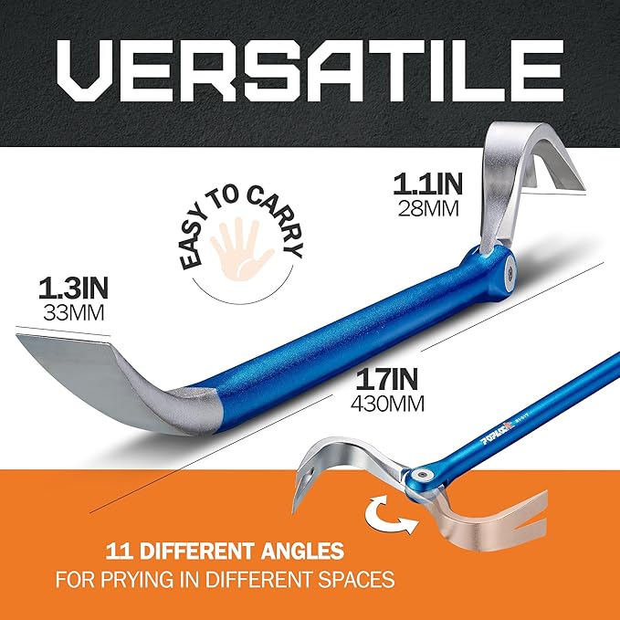 POPLOCK 17-Inch Indexing Nail Puller & Flat Pry Bar | V-Claw Cat?셲 Paw, 11 Locking Angles, Cr-V/Cr-Mo Alloy Steel, Non-Slip Handle for Roofing, Framing & Woodworking