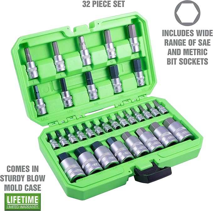OEMTOOLS 22989 32 Piece Hex Bit Socket Set, SAE and Metric Bit Sockets, 1/2", 1/4", and 3/8" Drive Hex Bit Socket Set Metric and SAE Included