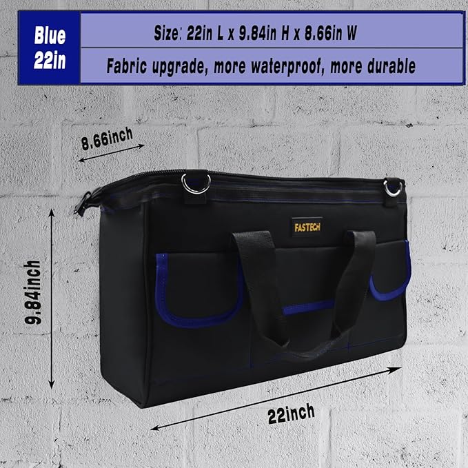 FASTECH 22 Inch Tools Bag, Waterproof Wide Mouth Tool Kit, Tools Big Bag, Heavy Duty Tool Tote Organizer With Adjustable Shoulder Strap For Men/Women (22IN Blue)