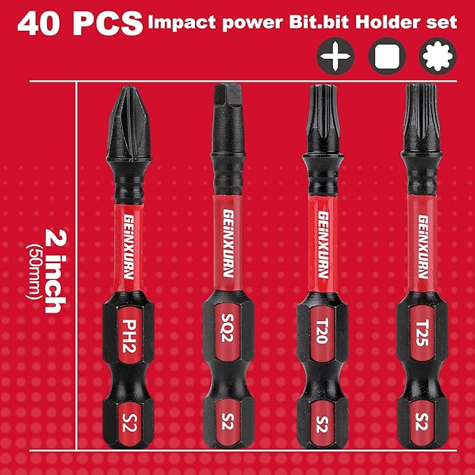 Impact Tough Phillips Square Torx 2 in. Insert Driver Bits, 40Pack Bulk T20/T25/PH2/SQ2 Screwdriver Power Bits Set