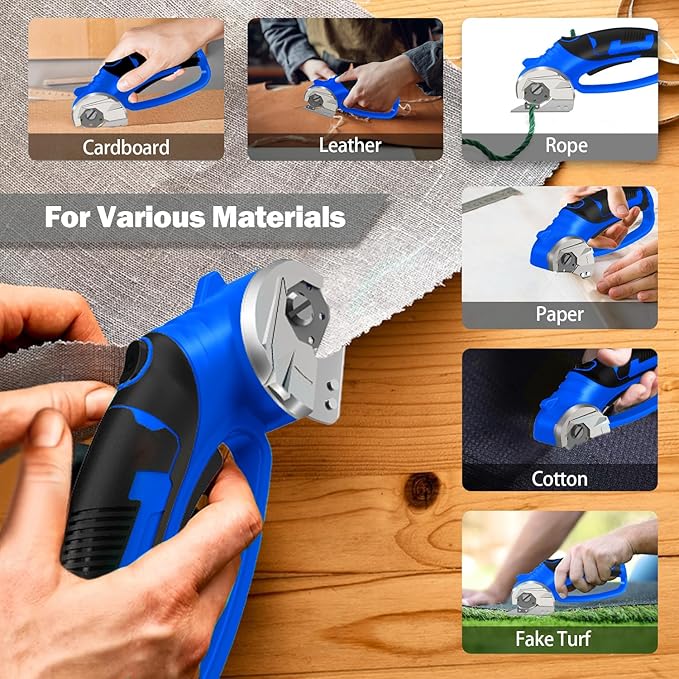Cordless Electric Scissors, 4V Box Cutter & Cardboard Cutter with 2 Titanium Blades - Rotary Cutter with LED Light for Fabric, Leather, Carpet, Plastic, Crafting + Storage Case (Royal Blue)