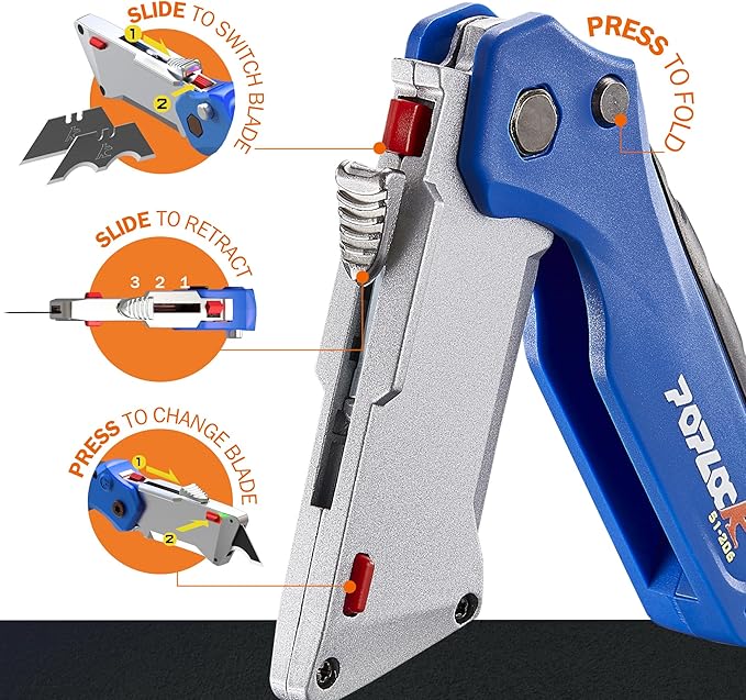 POPLOCK Folding Utility Knife with Patented K-Hook Blade & Notch Razor ??Dual Blade Retractable Box Cutter for Roofing, Drywall, Carpentry & Multi?멇ngle Cutting