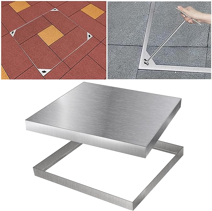 MYOYAY Stainless Steel Manhole Cover and Frame with 2 Lifting Hook, 24x24 inch Recessed Square Septic Tank Lid with Base, Invisible Sewage Basin Inspection Cover for Driveway Yard Pavement