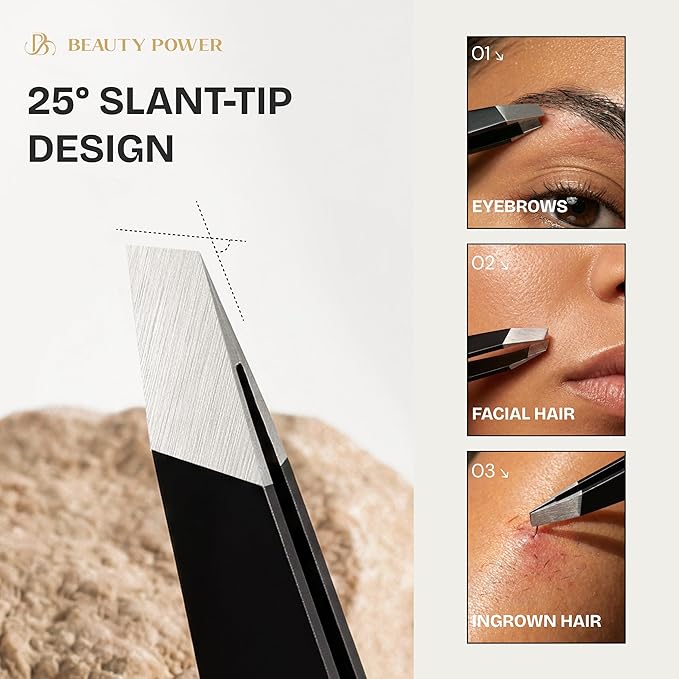 Precision Tweezers for Women Facial Hair & Men - Professional Tweezers Set with Slant & Point Tips, German Stainless Steel, PU Leather Travel Case, Lightweight & Ultra Precision Black