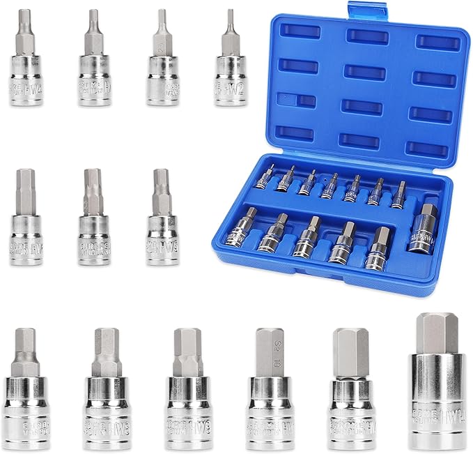 PRADE&CARFT Hex Bit Socket Set 13 Pieces | Premium S2 Alloy Steel | Metric 2mm - 14mm Set | 1/4,3/8,1/2 Inch Drive | Automotive, Bike, Motorcycle