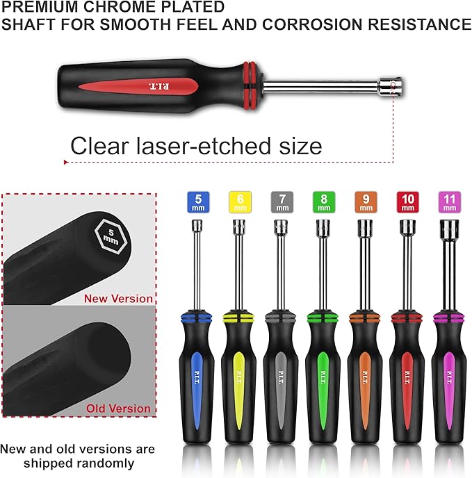 P.I.T. 7PC Metric Nut Driver Set,Solid Shaft Nut Drivers (5, 6, 7, 8, 9, 10,11 mm) For Tightening and Loosening Fasteners with Color Coded Nonslip Comfort TPR Hand Grips, Hex Deep Nut Driver Set