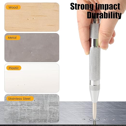 MulWark 6" Automatic Center Punch for Metal - Spring Loaded Center Punch Tool with Extra Replacement Tip - Adjustable Impact One-Handed Spring Puncher for Wood, Plastic, Stainless Steel