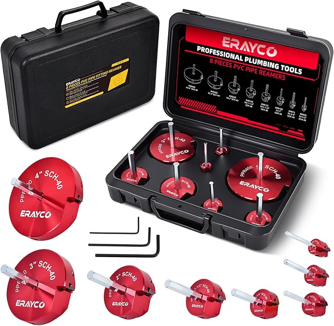 ERAYCO 8-Piece PVC Pipe Reamer Kit with 1/2", 3/4", 1", 1-1/4", 1-1/2", 2", 3", 4" Heads, 4-Sided Carbide Aluminum Fitting Saver, Plumbing Tools for Schedule SCH40 PVC, CPVC or ABS