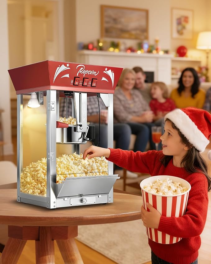 12 Oz Commercial Popcorn Machine, 850 W, Movie Theater Popcorn Machine, Red Tabletop Pop corn Machine with 3-Switch Control & Steel Frame Tempered Glass Doors for Home Theater